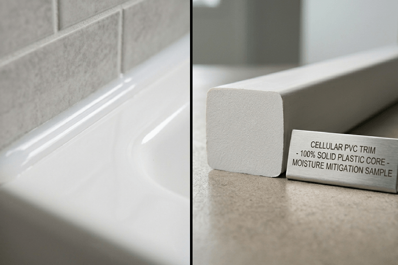 A split-screen visual displaying a clean, waterproof bead of silicone caulk along a tub seam on the left, and a cross-section of cellular PVC trim with a 100% solid plastic core on the right.