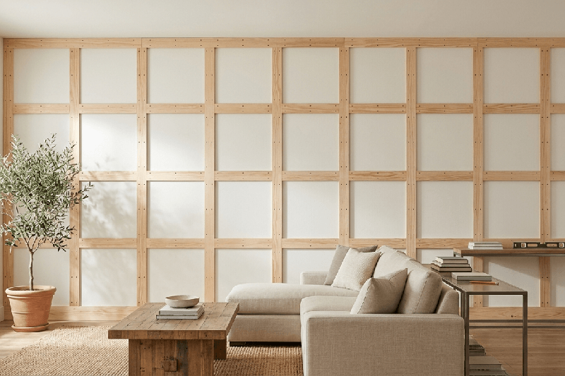An unfinished DIY board-and-batten accent wall in a bright living room, showing raw pine boards mathematically spaced and securely fastened to the wall studs before priming and painting.