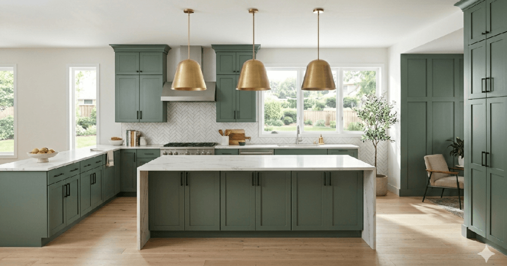A newly renovated modern kitchen featuring smooth sage green painted cabinets, a large marble island, and brass pendant lights, showcasing professional-grade DIY interior upgrades.