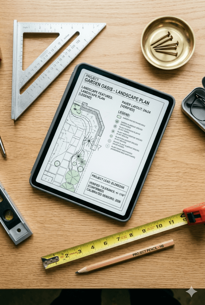 A clean, organized DIY planning workspace featuring a digital tablet with blueprints, a speed square, and a tape measure on a smooth oak desk.