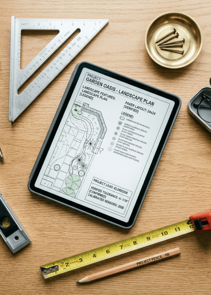 A clean, organized DIY planning workspace featuring a digital tablet with blueprints, a speed square, and a tape measure on a smooth oak desk.