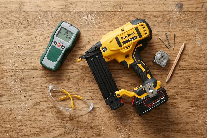 A flat lay on a wooden workbench showing essential DIY interior upgrade tools, including a yellow cordless 18-gauge brad nailer, a digital stud finder, clear safety glasses, and a pencil.