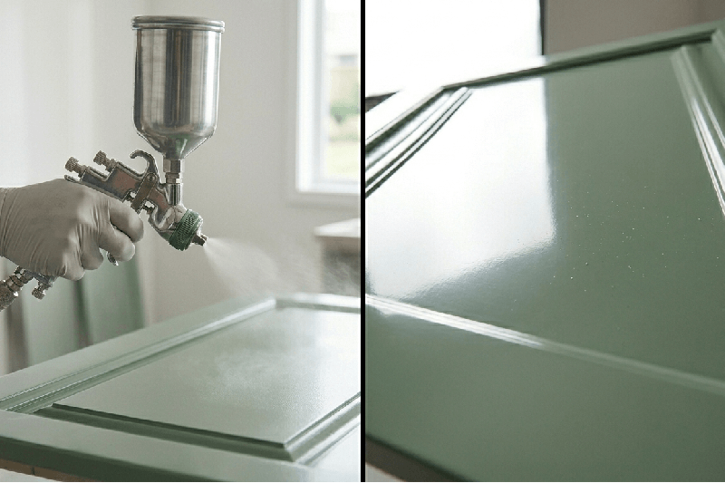A split-screen demonstration showing a gloved hand using an HVLP paint sprayer on a cabinet door on the left, and the resulting smooth, factory-like glossy green finish on the right.