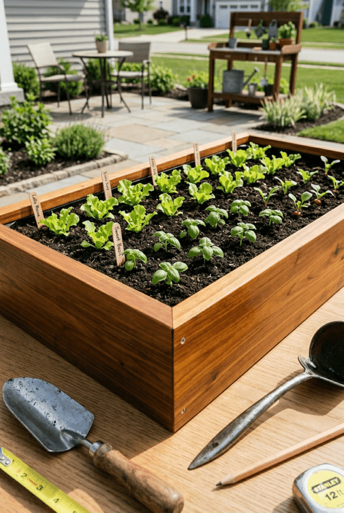 A beautifully constructed modern cedar raised garden bed filled with fresh seedlings on a clean suburban patio, demonstrating practical hardscaping and horticulture.