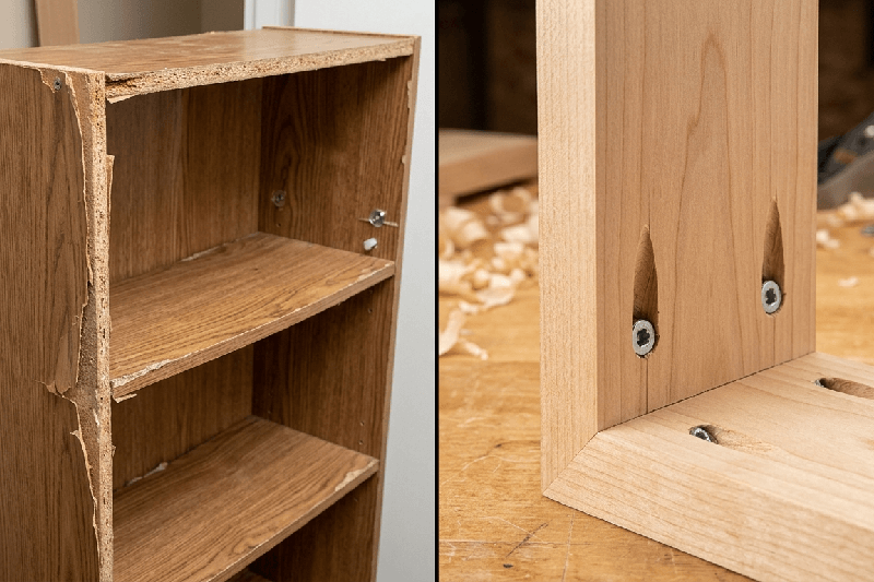 A split-screen comparison showing damaged, peeling particle-board furniture on the left, contrasted with a strong, solid wood joint fastened with pocket-hole screws on the right.