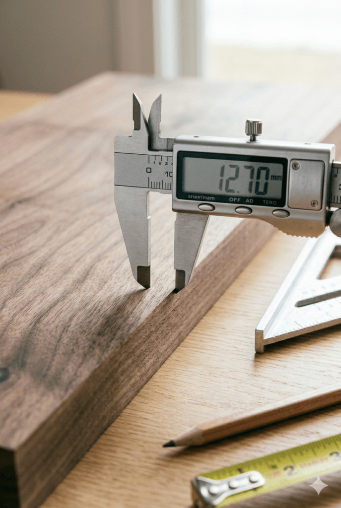 Close-up of a digital caliper precisely measuring a piece of premium sanded walnut wood in a clean, brightly lit workshop environment.