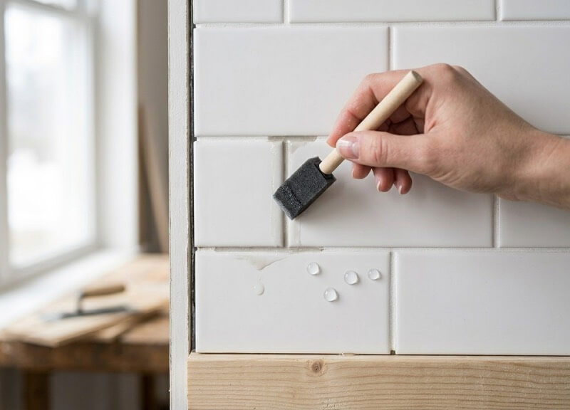 Applying clear penetrating grout sealer to white subway tile grout lines with a foam brush.