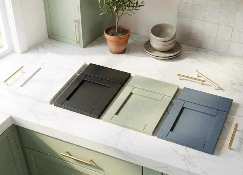 Four painted wood cabinet swatches lined up side-by-side showing classic white, deep black, sage green, and slate blue.