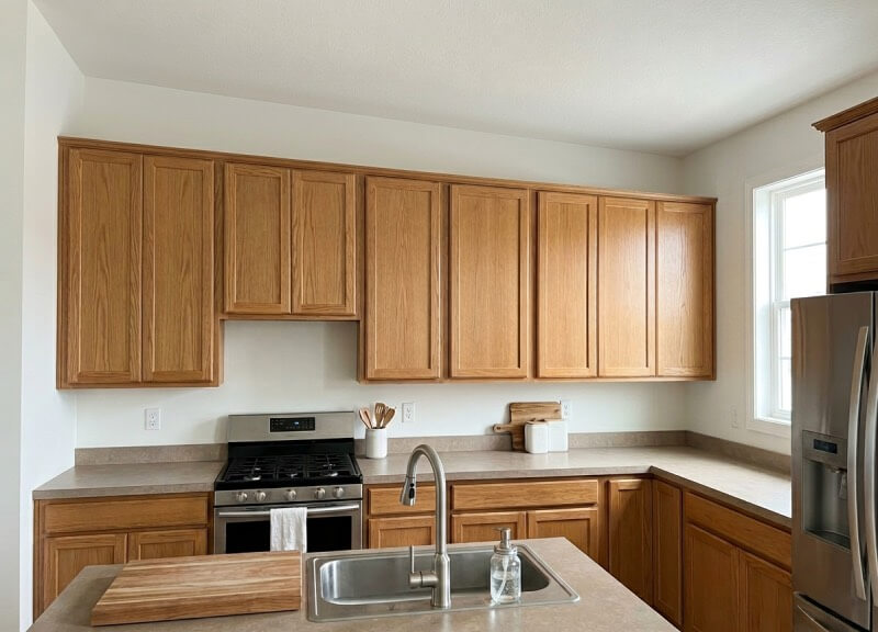 Awkward 12-inch empty void above builder-grade kitchen cabinets.