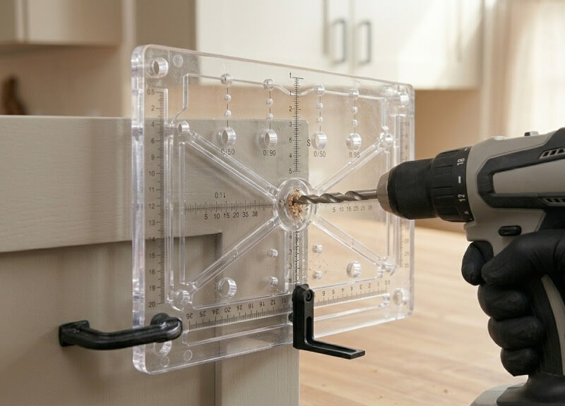 Polycarbonate cabinet hardware drilling jig clamped to a painted shaker door for exact handle placement.
