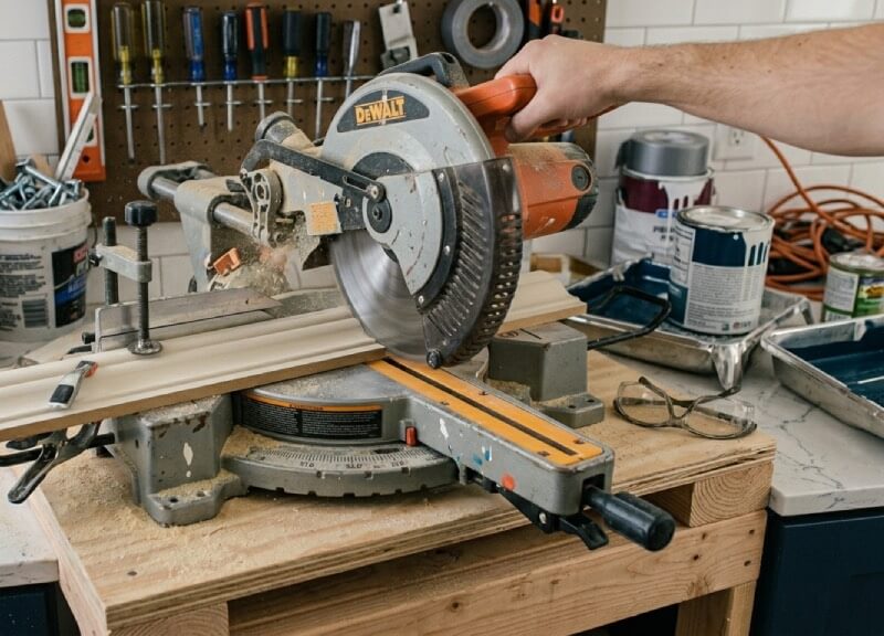 Compound miter saw cutting a piece of primed MDF crown molding, showing the exact angle and bevel setup for a kitchen cabinet upgrade.