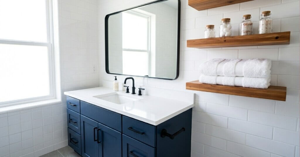 A wide-angle, bright view of a completed high-end DIY bathroom remodel, showcasing a modernized vanity,updated matte black hardware, and a safely mounted large mirror without demolition.