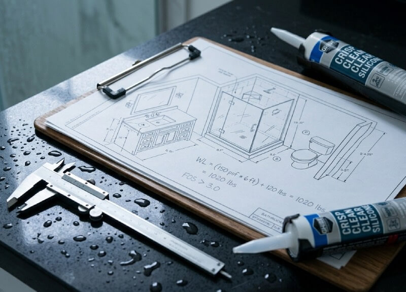 Close-up of technical bathroom blueprints, an engineering caliper, and silicone sealant resting on a waterproof quartz counter with water droplets, representing a data-driven approach to wet room remodeling.