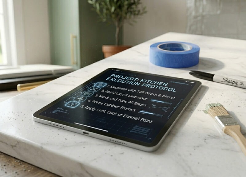A modern silver tablet displaying a digital bulleted checklist titled "Cabinet Painting execution Guide," resting on a white marble countertop next to tools.