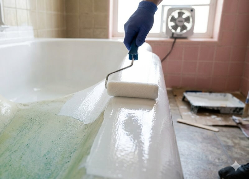 Close-up of a dated bathtub being refinished with a white two-part epoxy coating using a specialized roller,showing the high-contrast transformation during a DIY bathroom remodel.