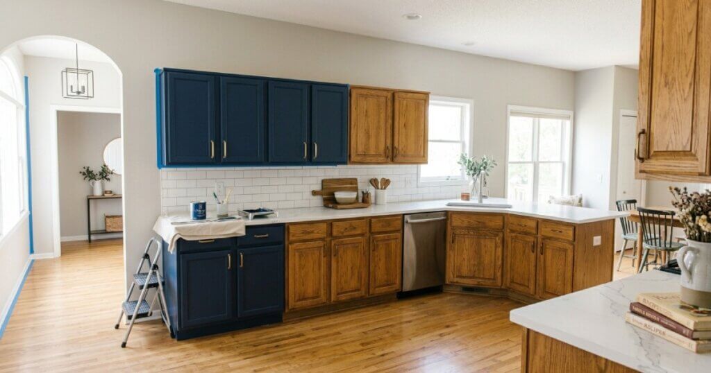Half-painted kitchen cabinets showing modern navy uppers and dated oak lowers during a DIY cosmetic remodel without demolition.