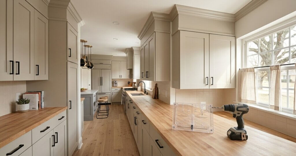 Beautifully updated greige kitchen cabinets with custom crown molding and modern hardware.