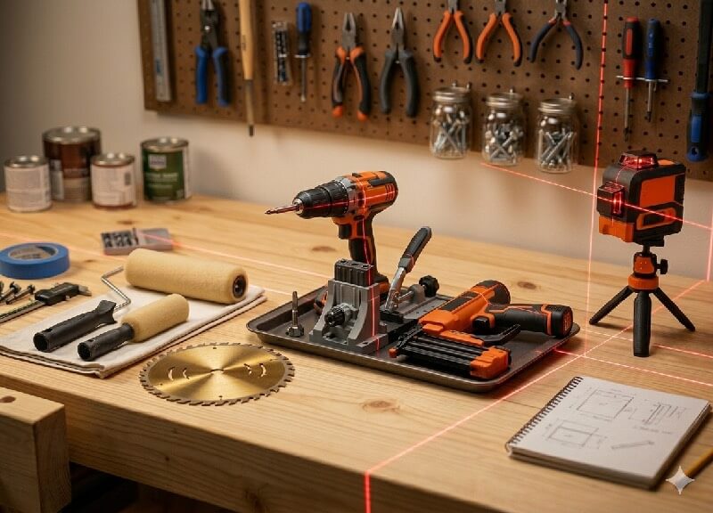 A curated essential tool kit for a DIY kitchen remodel on a workbench, showing a laser level casting a red line over a drill, nailer, pocket-hole jig, and foam rollers.