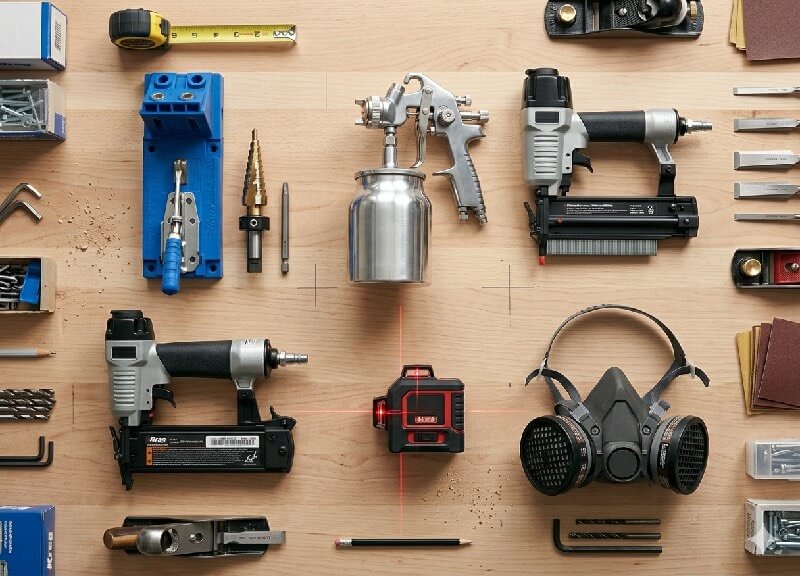 Top-down view of essential DIY kitchen cabinet upgrade tools including an HVLP sprayer and respirator on a workbench.