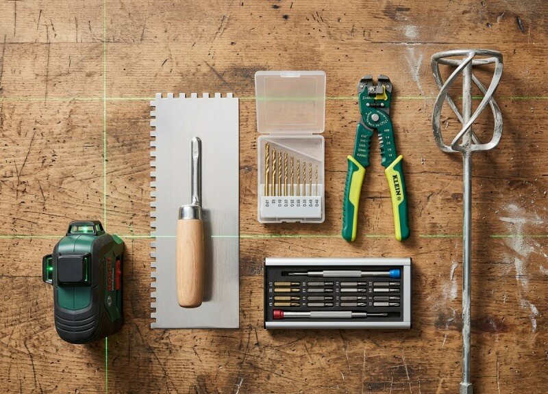 Top-down view of a laser level, notched trowel, diamond drill bits, wire strippers, and a grout mixing paddle on a workbench.