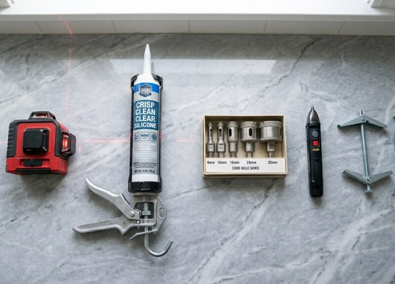 Curated top-down view of specialized tools on a marble counter, including diamond hole saws, high-thrust caulk gun, laser level, and voltage tester for a data-driven DIY bathroom remodel.