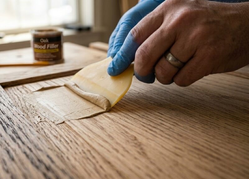 Close up of a DIYer using a plastic squeegee to press water-based grain filler into the open pores of an oak cabinet door.