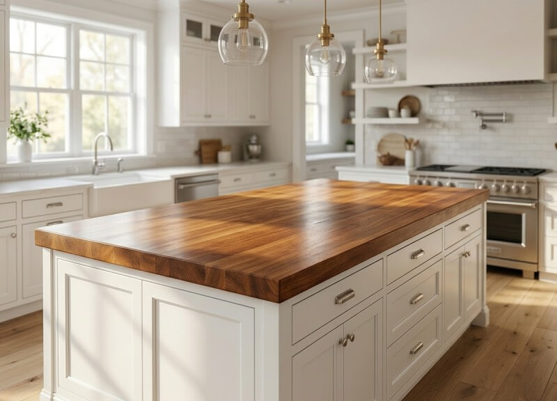 A beautifully finished, thick edge-grain maple butcher block countertop on a white kitchen island.