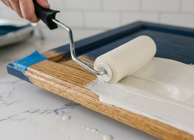 Close-up of a high-density foam roller applying a thick coat of urethane alkyd primer to an oak cabinet door to hide the wood grain.