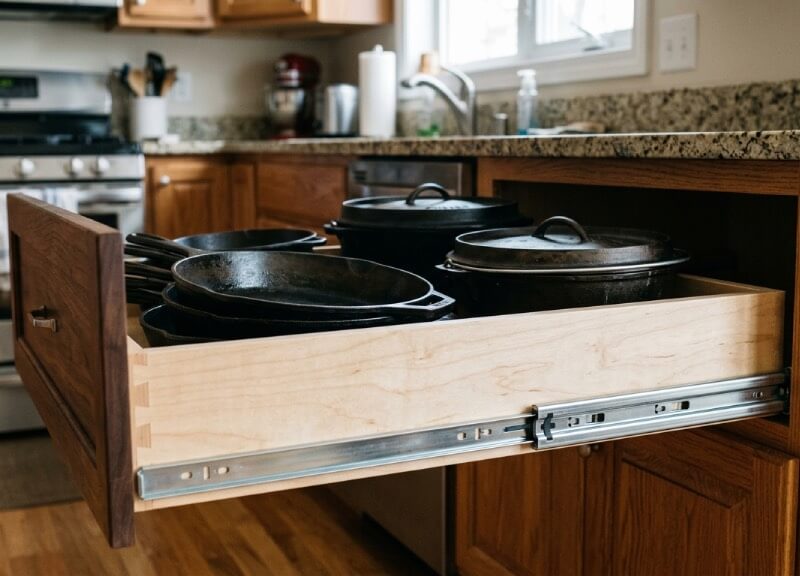 Custom plywood drawer box on 100-lb full extension undermount slides.