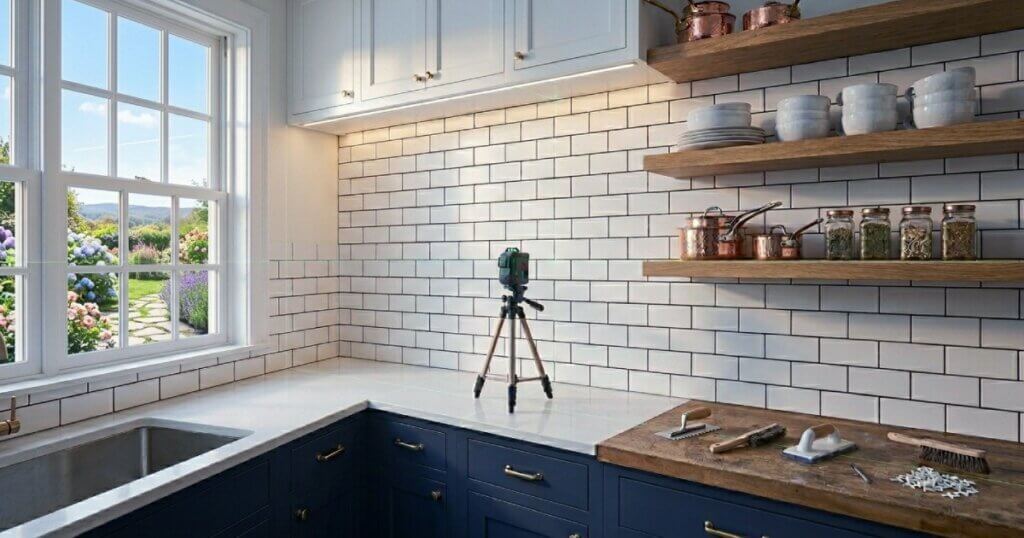 A wide shot of a completed high-end DIY kitchen remodel featuring subway tile, glowing under-cabinet lighting, and floating wood shelves.