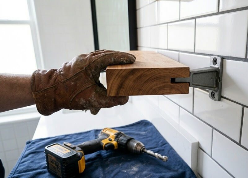 Close-up of a cedar wood floating shelf being lined up with a hidden steel bracket installed through white subway tile during a bathroom remodel.