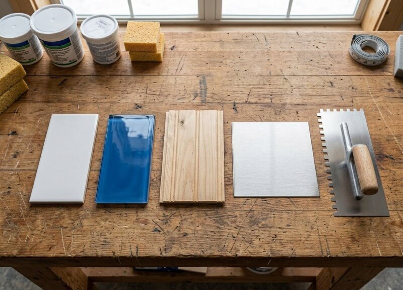Top-down view of ceramic, glass, wood, and steel backsplash materials next to a notched trowel.