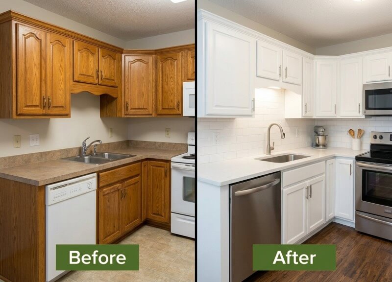 Before and after split screen of an outdated honey oak kitchen transformed into a modern white kitchen using DIY cabinet paint.