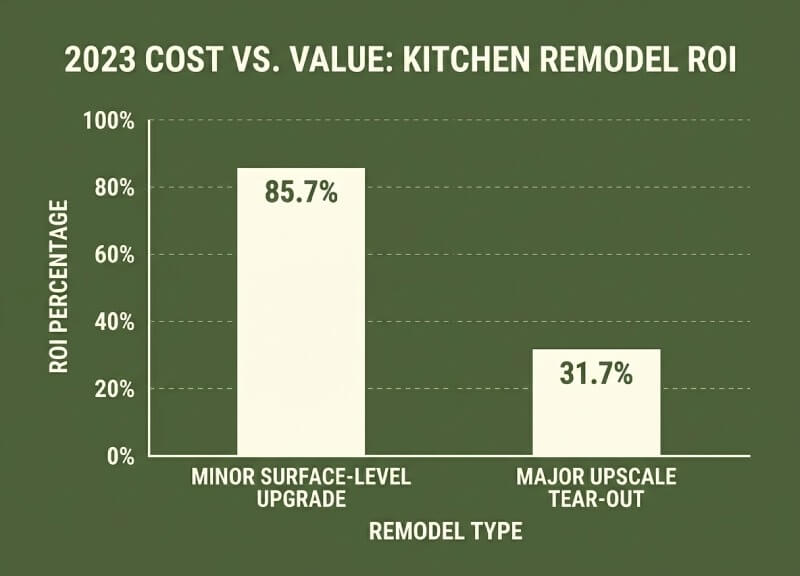 Bar chart showing minor kitchen upgrades yield an 85.7% ROI compared to 31.7% for major upscale tear-outs.