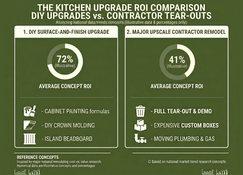 Minimalist data infographic comparing 72% ROI for DIY kitchen surface upgrades versus 41% ROI for major contractor tear-outs.