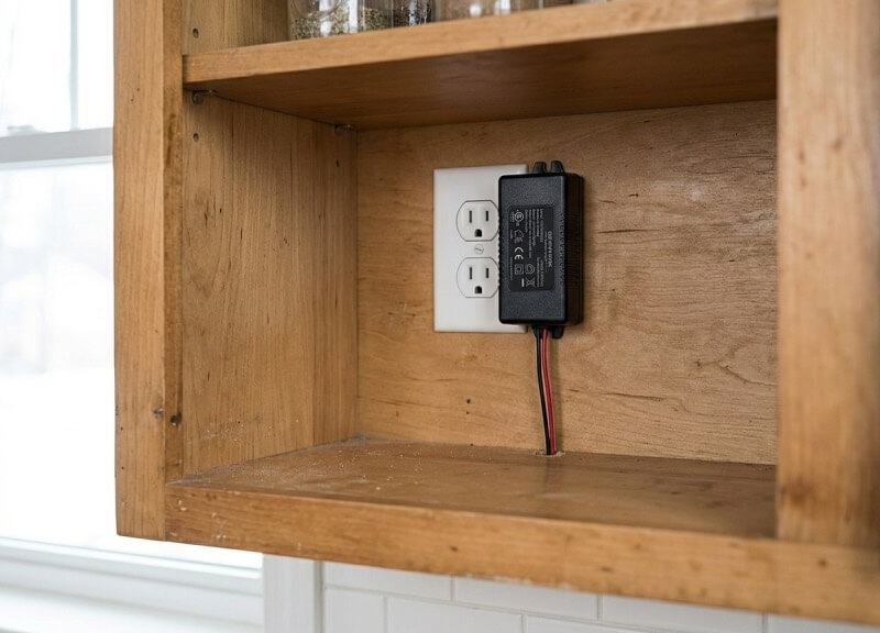 A low-voltage LED driver plugged into a standard wall outlet inside an upper kitchen cabinet.