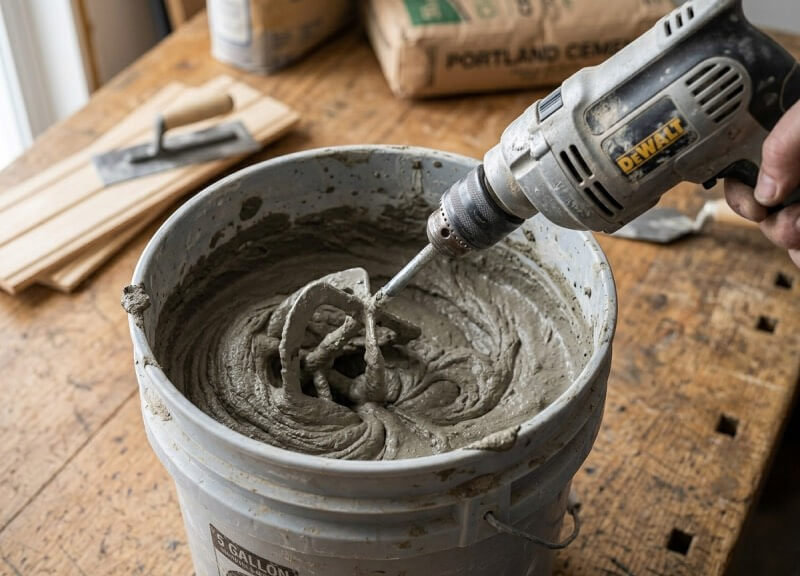 Mixing Portland cement-based thinset mortar in a 5-gallon bucket using a power drill and paddle attachment.