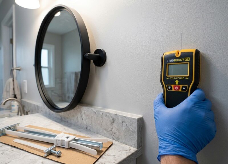 Digital stud finder on a painted bathroom wall next to a matte black mirror, with a heavy-duty strap toggle bolt resting on the counter for safe drywall mounting.