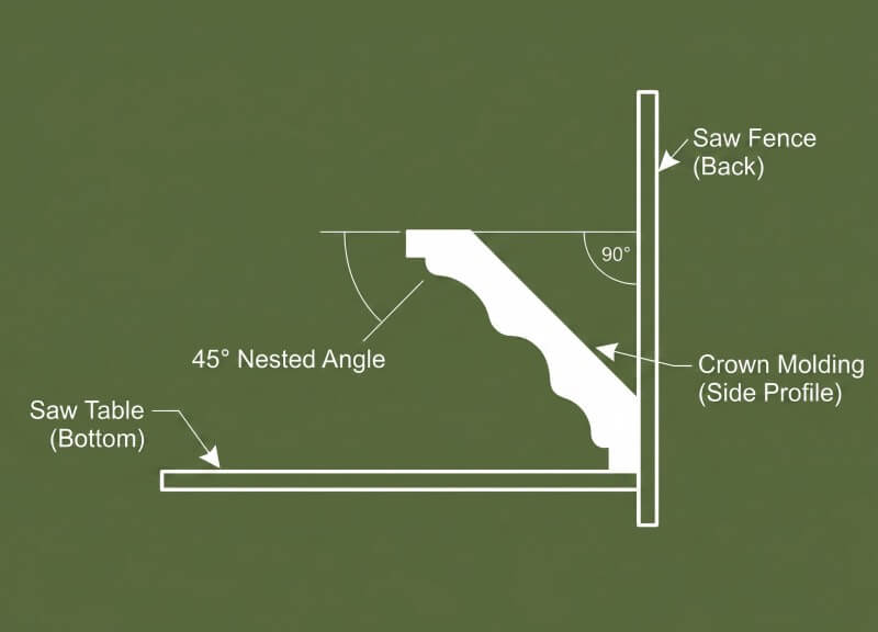 A 2D vector cross-section diagram showing how to position crown molding upside down and backwards at a 45-degree nested angle on a miter saw.