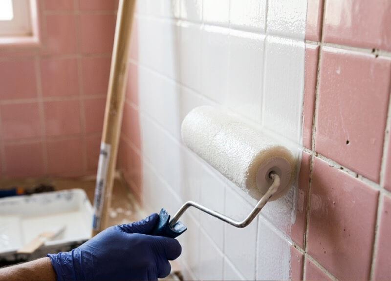 Close-up of a high-density foam roller applying thick white two-part epoxy paint over outdated pink ceramic bathroom tiles during a DIY bathroom remodel.