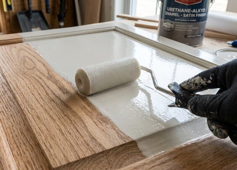 High-density foam roller applying smooth urethane alkyd paint over an oak kitchen cabinet door.