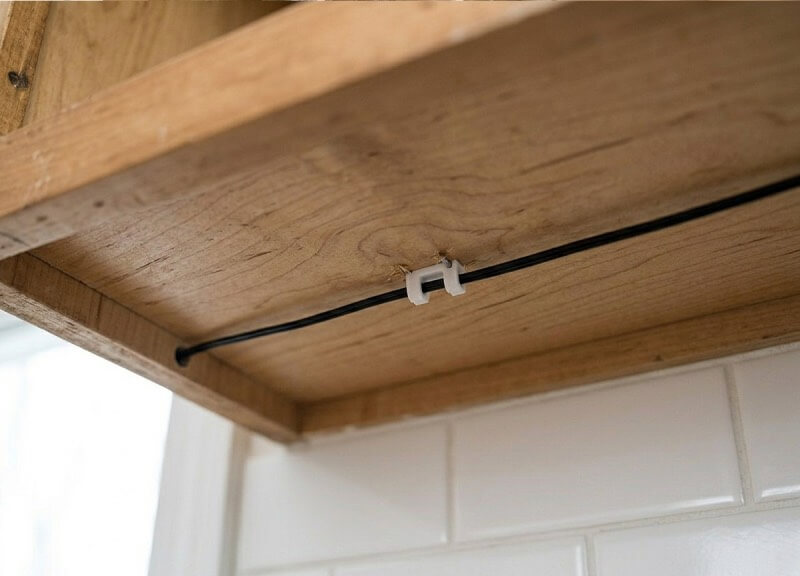 Ultra-thin low-voltage LED wire secured to the underside of a kitchen cabinet with an insulated staple.