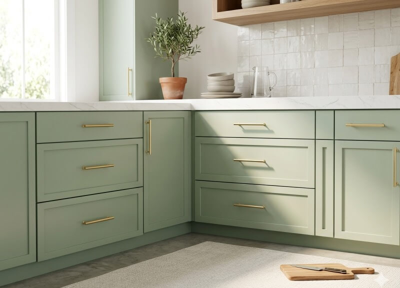 Lower shaker-style kitchen cabinets freshly painted in a smooth, matte sage green finish, accented with modern brushed brass bar pulls and bright natural window light.
