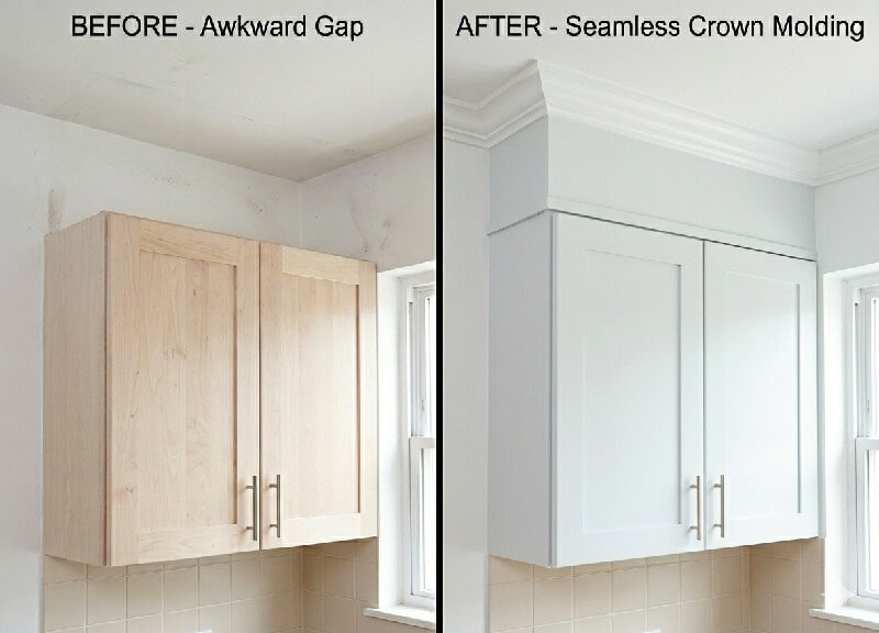 Before and after showing a kitchen cabinet ceiling gap closed with custom MDF framing and seamless crown molding.