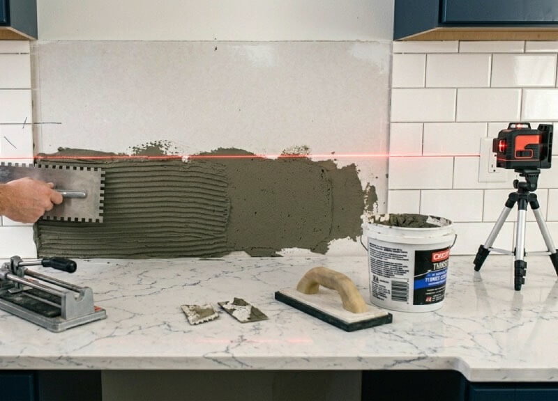 Notched trowel spreading thinset mortar onto drywall along a glowing horizontal laser level line for a kitchen backsplash tile installation.