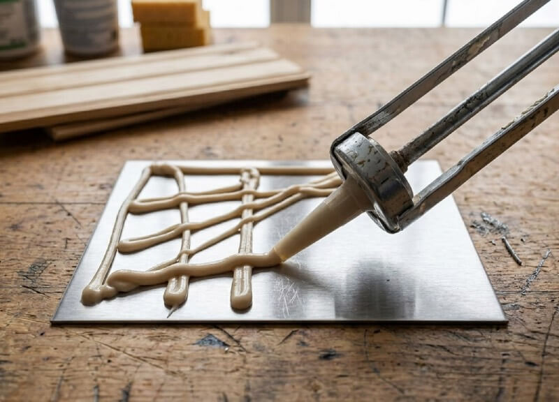 Applying polyurethane construction adhesive to the back of a stainless steel backsplash panel.
