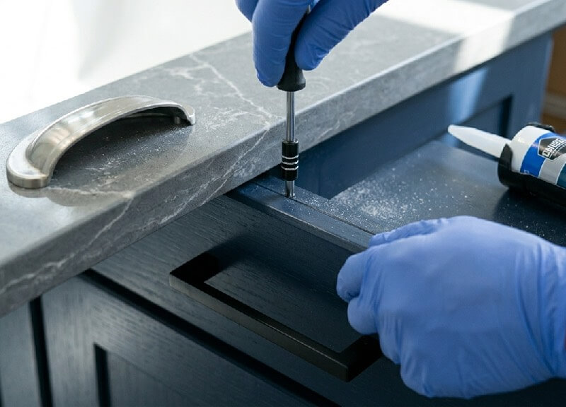 Close-up of a new matte black modern handle being installed on a navy blue vanity drawer next to the old,removed brushed nickel pull during a DIY bathroom remodel.