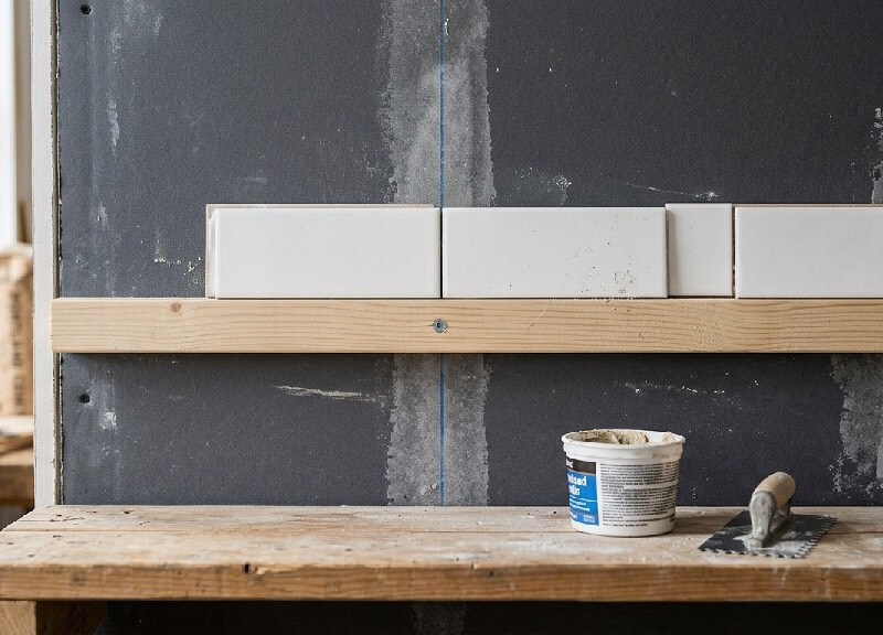 A wooden ledger board screwed into a kitchen wall supporting the first row of subway tile.