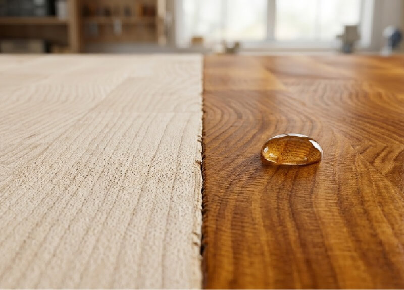 A tight close-up comparing a dry, raw section of butcher block vs. a section saturated with mineral oil, showing a water droplet beading on the oiled surface.