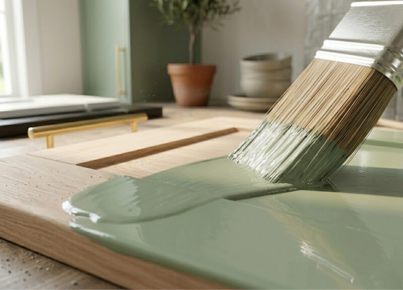 A macro close-up of a brush applying urethane alkyd hybrid enamel to a wooden cabinet door, showing the paint self-leveling into a perfectly smooth, stroke-free finish.